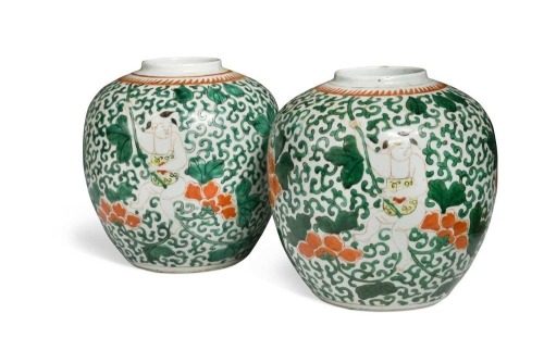 A pair of Chinese famille verte porcelain ginger jars in the Kangxi style,