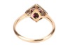 A ruby and diamond panel ring, the square ring head set with five round brilliant-cut diamonds, and four square table-cut rubies, in pierced floral gallery, between tapered shoulders to a D-profile shank, yellow metal stamped '18ct', ring head 1.2 cm wide - 4