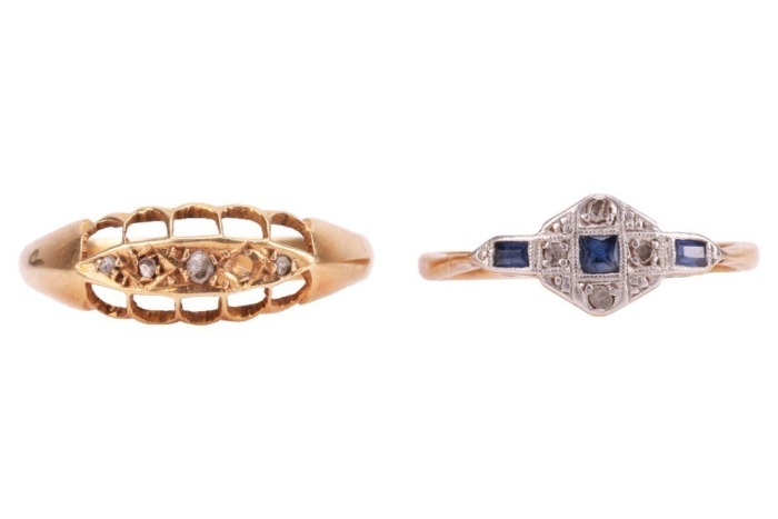 Two rings; comprising an early 20th century sapphire and diamond-set ring, in a bi-colour metal mount marked &lsquo;18ct and Plat&rsquo;, size K1/2, together with another early 20th century diamond-set ring, with one stone deficit, in an 18ct gold mount, hallmarked B