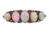 An opal-set half hoop ring; set with five precious opal cabochons, of graduated sizes, each displaying vivid play of colour on a light ground, accented with small polki diamonds, with one diamond deficit, the gallery of scroll design leading to an unmarke - 2