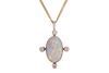 An opal-set pendant, composed of an oval-shaped precious opal cabochon, displaying strong spectral play of colour to a white background, measuring approximately 14mm x 9mm, in a bezel setting with millegrain detailing, accented by bezel-set old-cut diamon