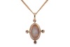 An opal-set pendant, composed of an oval-shaped precious opal cabochon, displaying strong spectral play of colour to a white background, measuring approximately 14mm x 9mm, in a bezel setting with millegrain detailing, accented by bezel-set old-cut diamon - 3