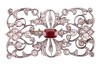 A late Victorian diamond and ruby brooch, of scrolled foliate design, the openwork mount encrusted with old-cut diamonds and rose-cut diamond points, centred with a cushion-cut ruby in collet with twisted cable edge, measures 6.7 x 4.7 mm, unmarked metal 