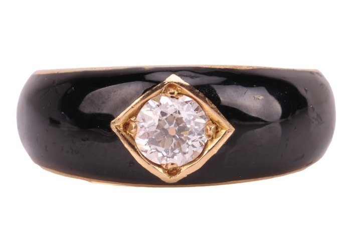 An enamel and diamond Gypsy ring, the central old-cut diamond with an estimated weight of 0.40ct, bead-set to a square mount on a black enamel ground, yellow metal stamped '18', size M, 6.0 grams. 4.5 x 4.5 x 2.9mm