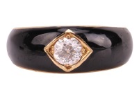 An enamel and diamond Gypsy ring, the central old-cut diamond with an estimated weight of 0.40ct, bead-set to a square mount on a black enamel ground, yellow metal stamped '18', size M, 6.0 grams. 4.5 x 4.5 x 2.9mm