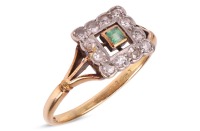 An emerald and diamond dress ring; centred with a square-cut emerald of 2.5 mm, within a scalloped frame surround set with single-cut diamonds, between trifurcated shoulders to D-profile shank marked '18ct', ring head measures 1.0 cm wide, size V, 3.8 gra