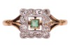An emerald and diamond dress ring; centred with a square-cut emerald of 2.5 mm, within a scalloped frame surround set with single-cut diamonds, between trifurcated shoulders to D-profile shank marked '18ct', ring head measures 1.0 cm wide, size V, 3.8 gra - 2
