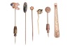 A group of gem-set stick pins; to include an example of an old-cut diamond in buttercup mount, one set with moss agate, another one with rose-cut diamond point, together with a 9ct yellow gold tie clip; total weighable 11.6 grams.