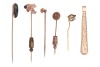 A group of gem-set stick pins; to include an example of an old-cut diamond in buttercup mount, one set with moss agate, another one with rose-cut diamond point, together with a 9ct yellow gold tie clip; total weighable 11.6 grams. - 4