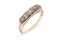 A five-stone diamond ring, comprising five graduating old-cut diamonds, the stones collet-set, the setting further highlighted with rose-cut diamonds, to a yellow metal ring shank of D-profile, marked &lsquo;585&rsquo;, size P &frac12;, 4.0 grams. Centre Diamond measuring a