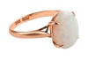 An opal dress ring, claw-set with a precious opal cabochon of 11.0 x 8.7 mm in a closed-back mount, between tapered shoulders, in yellow metal stamped '14K', size L, 2.3 grams. - 3