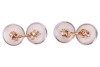 Krementz - a pair of rock crystal and split pearl cufflinks; the round and frosted rock crystal panels with carved radiating patterns, in a millgrained frame with foliate and black enamel details, centred with an applied split pearl, bar link connections - 3