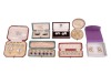 A matched gold, mother-of-pearl and sapphire dress set, in fitted case; together with a pair of silver, mother-of-pearl and enamel cufflinks, adapted from buttons, with later links; two sets of six gilt metal and enamel buttons in fitted cases, circa 1910