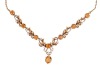 A gem-set floral necklace, composed of round-cut citrines and cultured pearls, set between foliate and scrolling links, to a single suspended oval-cut citrine, with a twist yellow metal chain and bolt ring clasp marked &lsquo;9ct&rsquo;; 16.0 grams.