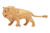 A lion statant brooch, realistically sculpted with fur texture, adorned with a round brilliant-cut diamond by one of its paws and eyes highlighted with rubies; brooch fittings to the reverse; yellow metal stamped '18K'; 5.5 cm wide; 19.6 grams.