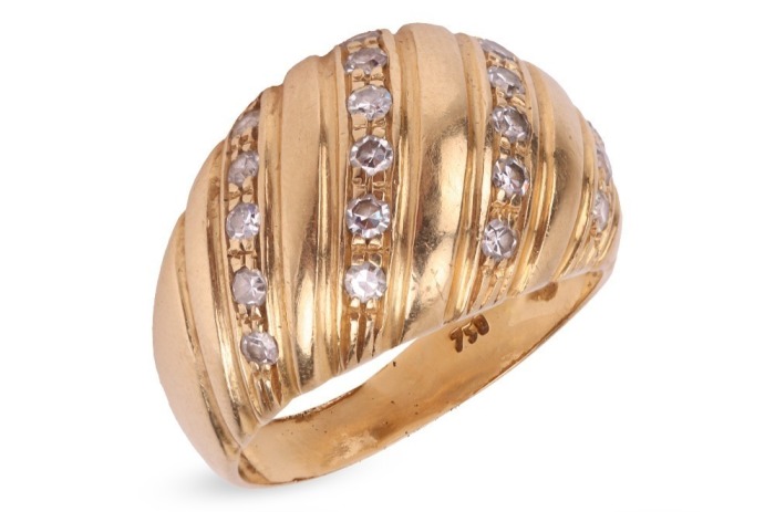 Grima - a diamond-set bombe ring, of ribbed design, embellished with four rows of single-cut diamonds, leading to a tapering shank, yellow metal marked '18K', size Q, 8.0 grams. Unsigned. This is a bespoke piece made alongside a band ring, which was signe