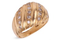 Grima - a diamond-set bombe ring, of ribbed design, embellished with four rows of single-cut diamonds, leading to a tapering shank, yellow metal marked '18K', size Q, 8.0 grams. Unsigned. This is a bespoke piece made alongside a band ring, which was signe