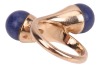 Gucci- a lapis lazuli cross-over ring in 9ct yellow gold, featuring two spherical lapis lazuli bead finials of 8.0 mm, mounted to the tapered bypass shoulders, leading to a D-profile shank, London 1976, sponsor's mark 'FJLd', size E, in original Gucci rin - 4