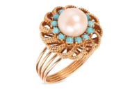 A cultured pearl and turquoise-set dress ring, the cultured pearl surrounded by round turquoise cabochons, with a filigree surround of floral design, to a multi-wire yellow metal shank, with Arabic marks for 18ct, size N; 6.4 grams