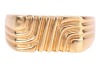A Modernist ring; the rectangular ring head consisting of textured grooves in a wave design, to a tapering flat shank, in yellow metal marked '18ct', ring size T, ring head measures 1.6 x 0.9 cm, total weight of item 8.58 grams. - 2