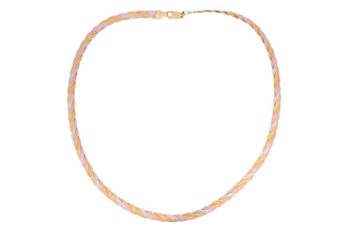 A tri-coloured braided necklace, consisting of three intertwined herringbone chains with patterned textures, completed with a lobster clasp, Italian marks for 18ct, overall length 42.0 cm, 12.4 grams.