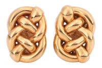 A pair of double knot earrings, measuring approximately 22mm x 16mm, with post fittings and ear clips to the reverse, with Italian marks for 18ct; 18.9 grams