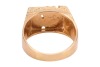 A Modernist abstract ring, the rectangular ring head comprises geometrical designs on a textured ground, to tapering flat shank, yellow metal marked '18ct OBLO', ring size X, ring head measures 1.2 x 1.6 cm, total weight of item 13.31 grams. - 4