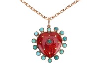 A gem-set enamel heart pendant on chain, the heart-shaped pendant with red transparent enamel and embellished with star motifs, edged with a frame of round turquoise cabochons, 3.1 cm drop, with loop bail suspending on a 53.0 cm long knife-edged cable lin