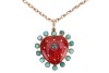 A gem-set enamel heart pendant on chain, the heart-shaped pendant with red transparent enamel and embellished with star motifs, edged with a frame of round turquoise cabochons, 3.1 cm drop, with loop bail suspending on a 53.0 cm long knife-edged cable lin