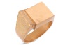 A Modernist ring, the quadrilateral ring head is constructed by two submerging stepped squares, carved pattern on shoulders, to tapering flat shank, yellow metal marked '18ct OBLO', ring size Y, ring head measures 1.8 x 1.5 cm, total weight of item 18.0 g