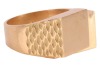 A Modernist ring, the quadrilateral ring head is constructed by two submerging stepped squares, carved pattern on shoulders, to tapering flat shank, yellow metal marked '18ct OBLO', ring size Y, ring head measures 1.8 x 1.5 cm, total weight of item 18.0 g - 2