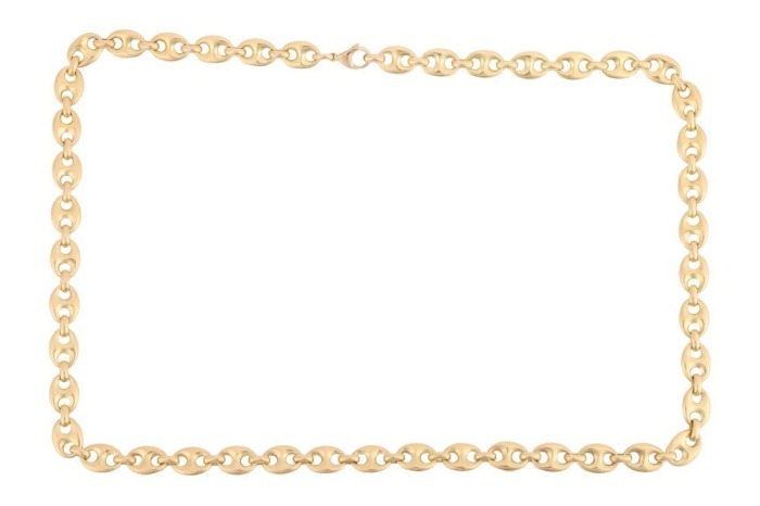 A long heavy anchor link chain, fastened with lobster clasp, marked as '750', link width 8.8 mm, overall measuring 61.0 cm in length, total weight of item: 97.68 grams.