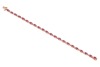 A ruby and diamond line bracelet, comprising a series of oval-cut rubies in articulated claw mounts, flanked by single-cut diamond accents, concealed tongue clasp, yellow metal stamped '14K', overall length 18.0 cm, 7.7 grams. - 2