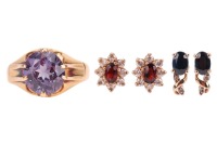 A small group of jewellery; The first piece a synthetic colour-change sapphire ring, in a six-claw setting, to a yellow metal ring shank surface testing as 18ct, N &frac12;, 6.5 grams; The second a pair of paste and cubic zirconia floral cluster ear studs, to po