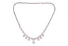 A diamond-set fringe-style necklace, composed of diamond-set openwork links with millegrain detailing, connected with round brilliant diamonds measuring between 3.2mm to 4mm each, suspending six diamond-set floral cluster drops and a larger removable diam