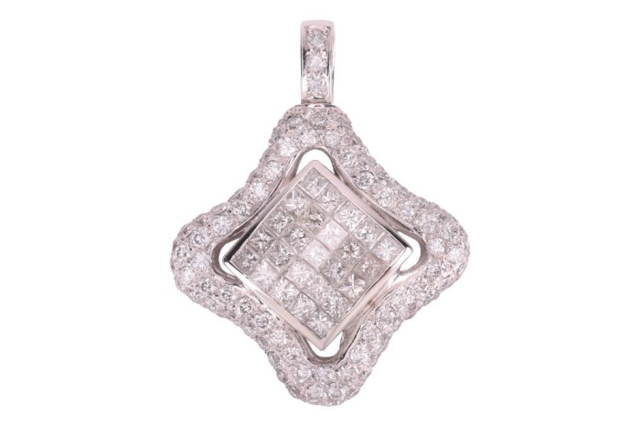 A diamond-set pendant, of rounded lozenge outline, featuring a central panel of princess-cut diamonds, in an invisible setting, within a pav&eacute;-set diamond surround, to a diamond-set bail, in white metal marked &lsquo;750&rsquo;, measuring approximately 39mm including 