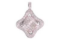 A diamond-set pendant, of rounded lozenge outline, featuring a central panel of princess-cut diamonds, in an invisible setting, within a pav&eacute;-set diamond surround, to a diamond-set bail, in white metal marked &lsquo;750&rsquo;, measuring approximately 39mm including 