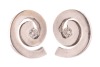 A pair of diamond-set stud earrings in the form of swirls, centrally adorned with a round brilliant-cut diamond accent, screw-back fittings to reverse, white metal bearing Russian assay marks for 14ct, 1.0 cm wide, 2.0 grams.