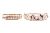Two diamond-set rings; The first a ring grain-set with seven single-cut diamonds, in white metal (may require re-rhodium plating), with chevron border detail, to a plain tapering ring shank marked &lsquo;750&rsquo;, size L, 2.5 grams; The second a ring grain-set with