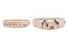 Two diamond-set rings; The first a ring grain-set with seven single-cut diamonds, in white metal (may require re-rhodium plating), with chevron border detail, to a plain tapering ring shank marked &lsquo;750&rsquo;, size L, 2.5 grams; The second a ring grain-set with