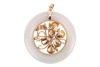 A jadeite pendant and matching cocktail ring, the pendant of circular form comprising a pale greenish-grey jade annulet, with scrolled foliate and a temple centrepiece, set with halequin pear-shaped jade cabochons, on a tapering bail, yellow metal stamped - 6