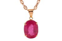 A large synthetic ruby pendant on chain, featuring a large oval-cut synthetic ruby of 18.0 x 13.5 x 8.5 mm, in a claw setting with tapered bail, yellow metal testing as 9ct, on a 60.0 cm long flat anchor link chain with lobster clasp, pink metal stamped '