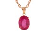 A large synthetic ruby pendant on chain, featuring a large oval-cut synthetic ruby of 18.0 x 13.5 x 8.5 mm, in a claw setting with tapered bail, yellow metal testing as 9ct, on a 60.0 cm long flat anchor link chain with lobster clasp, pink metal stamped '