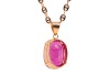 A large synthetic ruby pendant on chain, featuring a large oval-cut synthetic ruby of 18.0 x 13.5 x 8.5 mm, in a claw setting with tapered bail, yellow metal testing as 9ct, on a 60.0 cm long flat anchor link chain with lobster clasp, pink metal stamped ' - 2