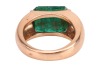 An emerald dress ring, featuring a deep green coloured emerald with sub-translucent transparency, approximately measuring 11.1 x 12.1 mm, bar set on a yellow metal mount surface tested as 18ct, with trumpeted shoulders to a court profile shank, unmarked, - 4