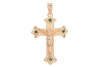 A gem-set crucifix pendant in 18ct yellow gold, the arms decorated with star-set circular-cut emeralds, on a reeded bail, British assay marks, 7.0cm drop, 14.8 grams.
