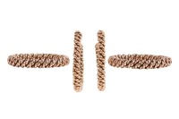 A pair of hoop earrings and matching rings; the hoop earrings of twisted chain design, with ear post and butterfly fittings, unmarked yellow metal surface testing as 9ct, 2.7 cm drop; together with two matching rings of conforming design, size P; total we