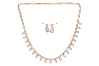 A gem-set fringe necklace with matching earrings, composed of twenty-one oval-cut paste, bezel-set and suspended from a figure-of-eight link chain, in yellow metal marked &lsquo;750&rsquo;, together with a pair of paste-set drop earrings, with no earring backs; 11.0 