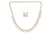 A gem-set fringe necklace with matching earrings, composed of twenty-one oval-cut paste, bezel-set and suspended from a figure-of-eight link chain, in yellow metal marked &lsquo;750&rsquo;, together with a pair of paste-set drop earrings, with no earring backs; 11.0 