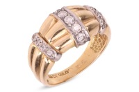 A diamond-set dress ring, of tapered and fluted design, with three decorative bands of round brilliant-cut diamonds, estimated total weight 0.20ct, in two-toned metal stamped '18ct', size N, 6.51 grams.